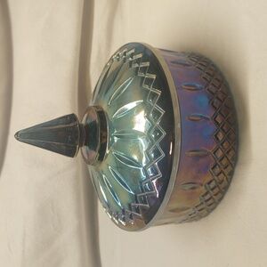 Vintage Candy Dish With Lid Iridescent Blue Rainbow Carnival Glass 1960s EUC